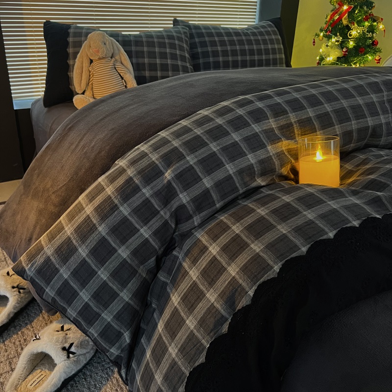 韩式简约ab面格子皱皱纱牛奶绒四件套秋冬加绒花边被套床单三件套