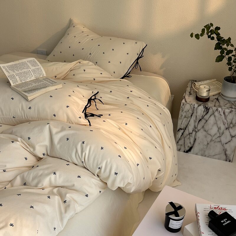 韩式奶油风蝴蝶结系带款印花被套四件套水洗棉亲肤床单学生三件套