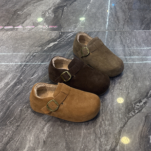 真皮内增高加绒勃肯鞋女2025秋冬新款丑萌圆头皮带扣一脚蹬单鞋
