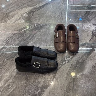 真皮方头加绒英伦小皮鞋女2025冬新款复古流苏布洛克鞋雕花单鞋潮