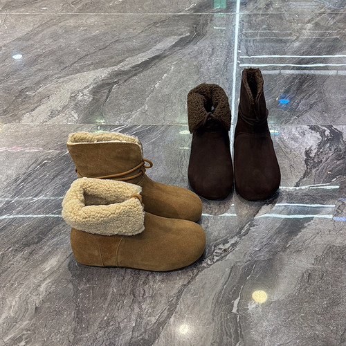 时髦百搭软底雪地靴丑萌系带棉鞋