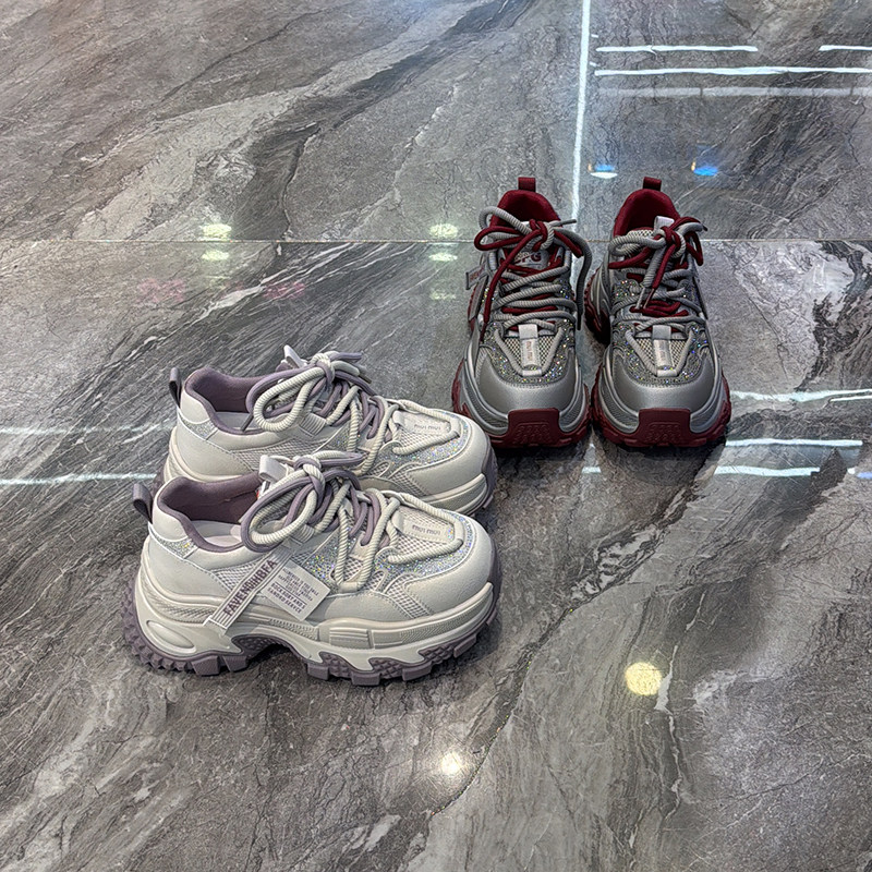 欧货厚底网面松糕老爹鞋女2026春新款6cm增高时尚水钻休闲运动鞋