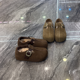 真皮厚底丑萌大头勃肯鞋女2025秋冬新款森系百搭面包鞋加绒穆勒鞋