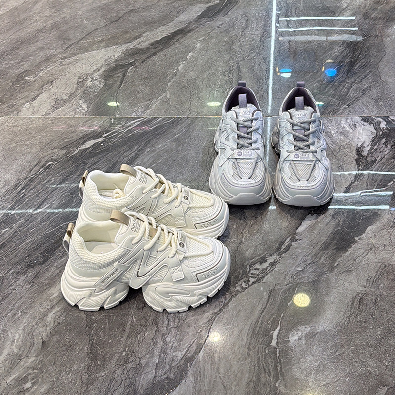 超轻6cm增高~小个子真皮厚底老爹鞋女2026春新款系带网面休闲鞋潮