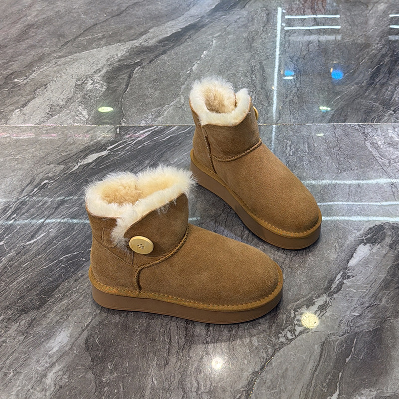 毛茸茸~加绒真皮厚底雪地靴女2025冬新款丑萌显脚小纽扣套筒棉鞋,女鞋,时尚雪地靴,淘宝优惠券,粉丝福利购,淘宝优惠卷