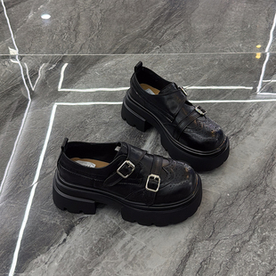 洋气雕花 女2026春新款 百搭显脚小皮带扣小皮鞋 6cm厚底真皮乐福鞋