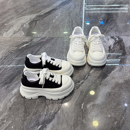 真皮小个子7cm松糕鞋女2026春新款轻便增高运动休闲鞋厚底小白鞋