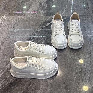 系带百搭板鞋 轻便松糕厚底休闲运动鞋 女2025夏新款 真皮圆头小白鞋