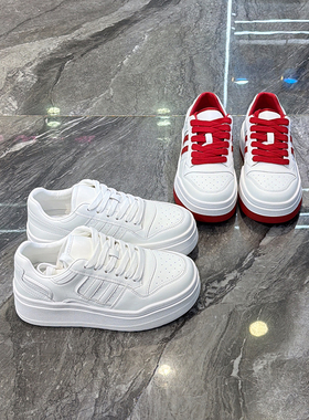 简约百搭~真皮厚底韩系小白鞋女2026春新款系带圆头红色休闲板鞋