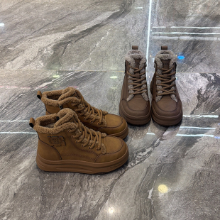 港风~复古牛皮厚底加绒高帮鞋女2025冬新款轻便百搭保暖马丁靴潮