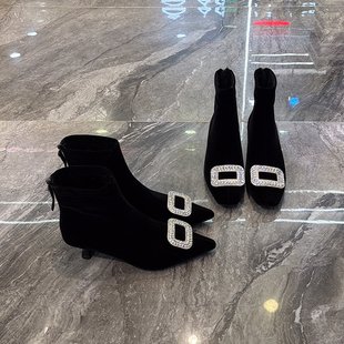 后拉链百搭方扣时装 瘦瘦靴女2025冬新款 靴 绒面厚底个性 闪亮水钻