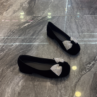 小香风~方头水钻蝴蝶结浅口单鞋女2025秋款平底百搭黑色玛丽珍鞋