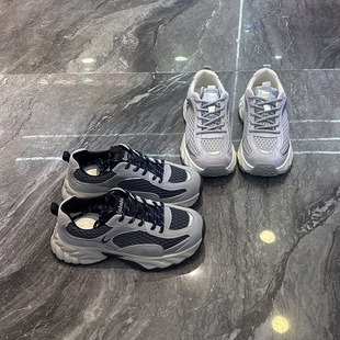 女2025秋户外轻便跑步运动休闲鞋 显脚小 真皮厚底网面灰调老爹鞋