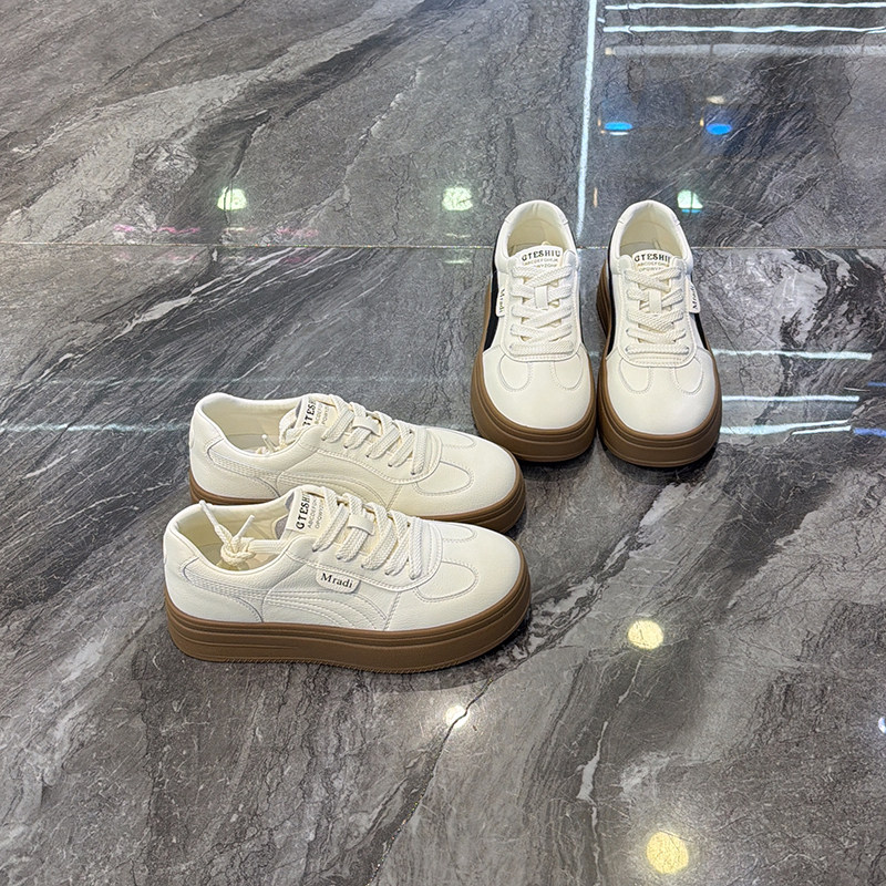 真皮牛筋厚底休闲板鞋女2026春新款轻便增高德训鞋系带圆头小白鞋