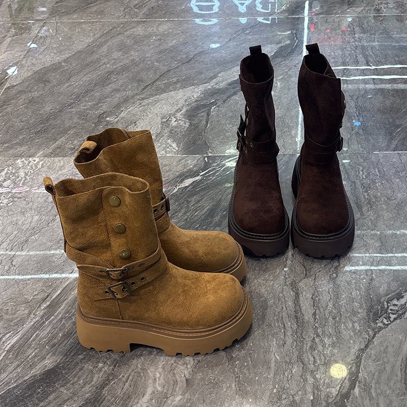 森系圆头切尔西靴女显瘦骑士靴潮