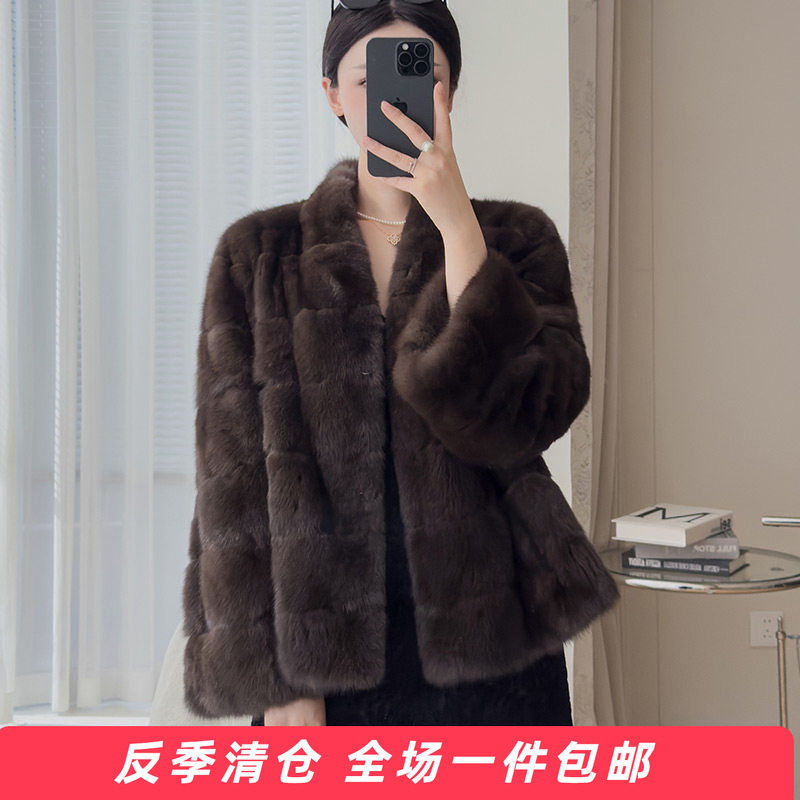 本色紫貂毛皮草上衣小V领宽松短款外套厚实轻奢显贵保暖外衣女