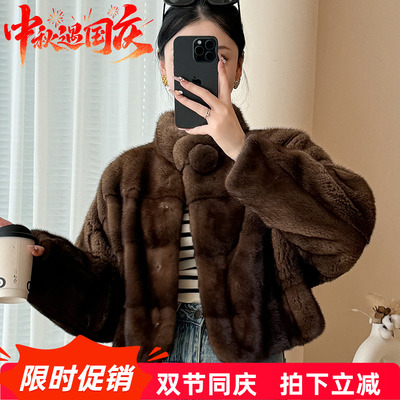 水貂皮大衣女短款立领毛球款2025冬季新款海宁横排整貂毛皮草外套