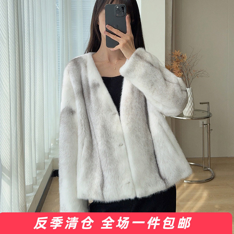 水貂皮大衣进口整貂短款皮草外套女貂毛2025冬V领新款十字貂1119