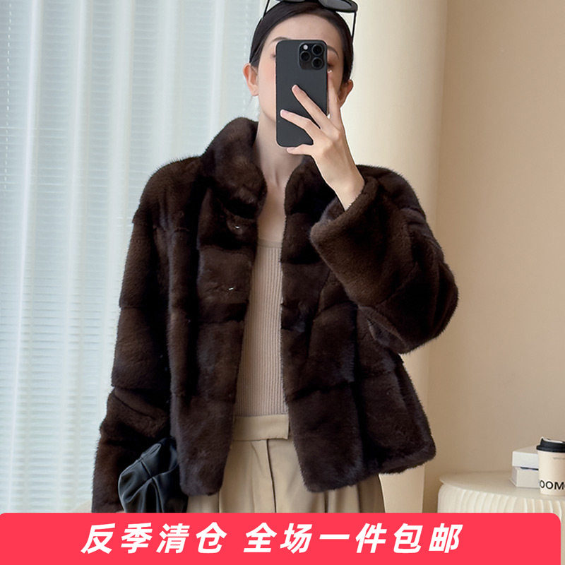 水貂皮毛大衣女进口整貂皮草外套母貂毛时尚短款横排真貂短款本色