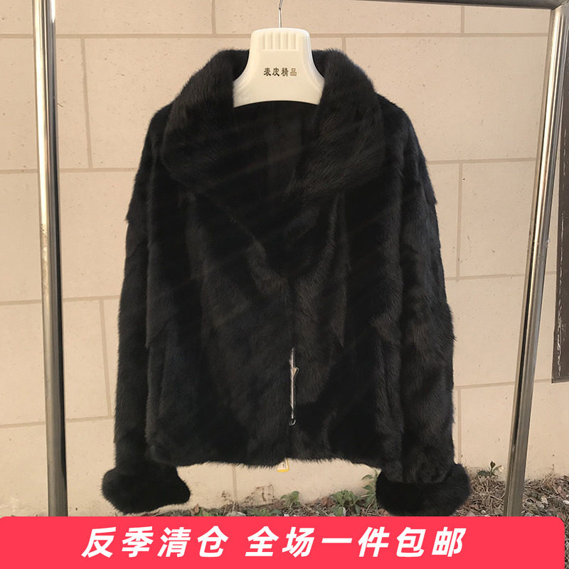 水貂皮大衣女时尚挽袖进口整貂皮草外套母貂毛可立可翻领显瘦本色