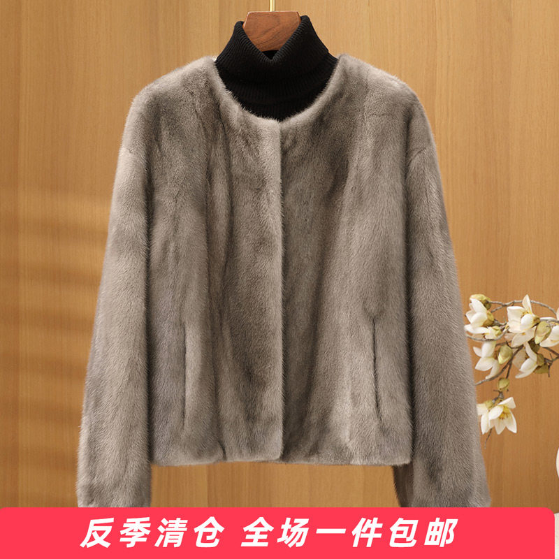 水貂皮大衣显瘦黑色整貂皮草外套女貂毛2026新时尚短款圆领直板简