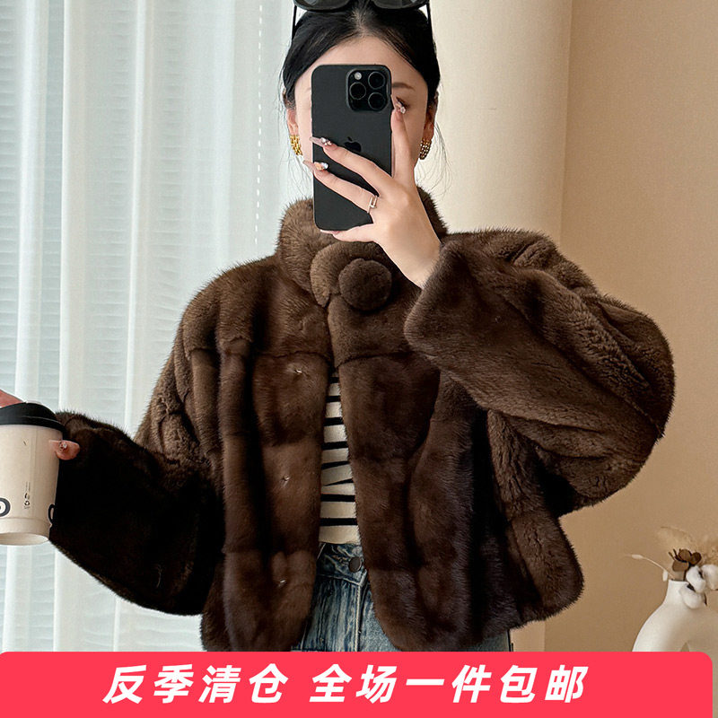水貂皮大衣女短款立领毛球款2025冬季新款海宁横排整貂毛皮草外套
