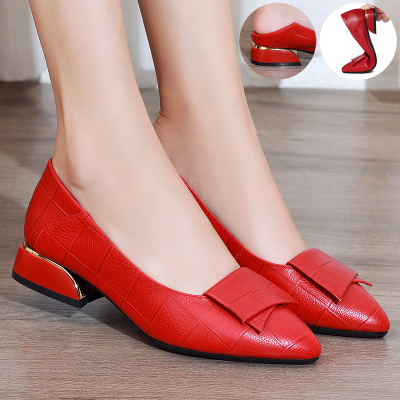 春秋新款女鞋真皮单鞋女士单皮鞋女式皮鞋红鞋妈妈鞋红色皮鞋平跟