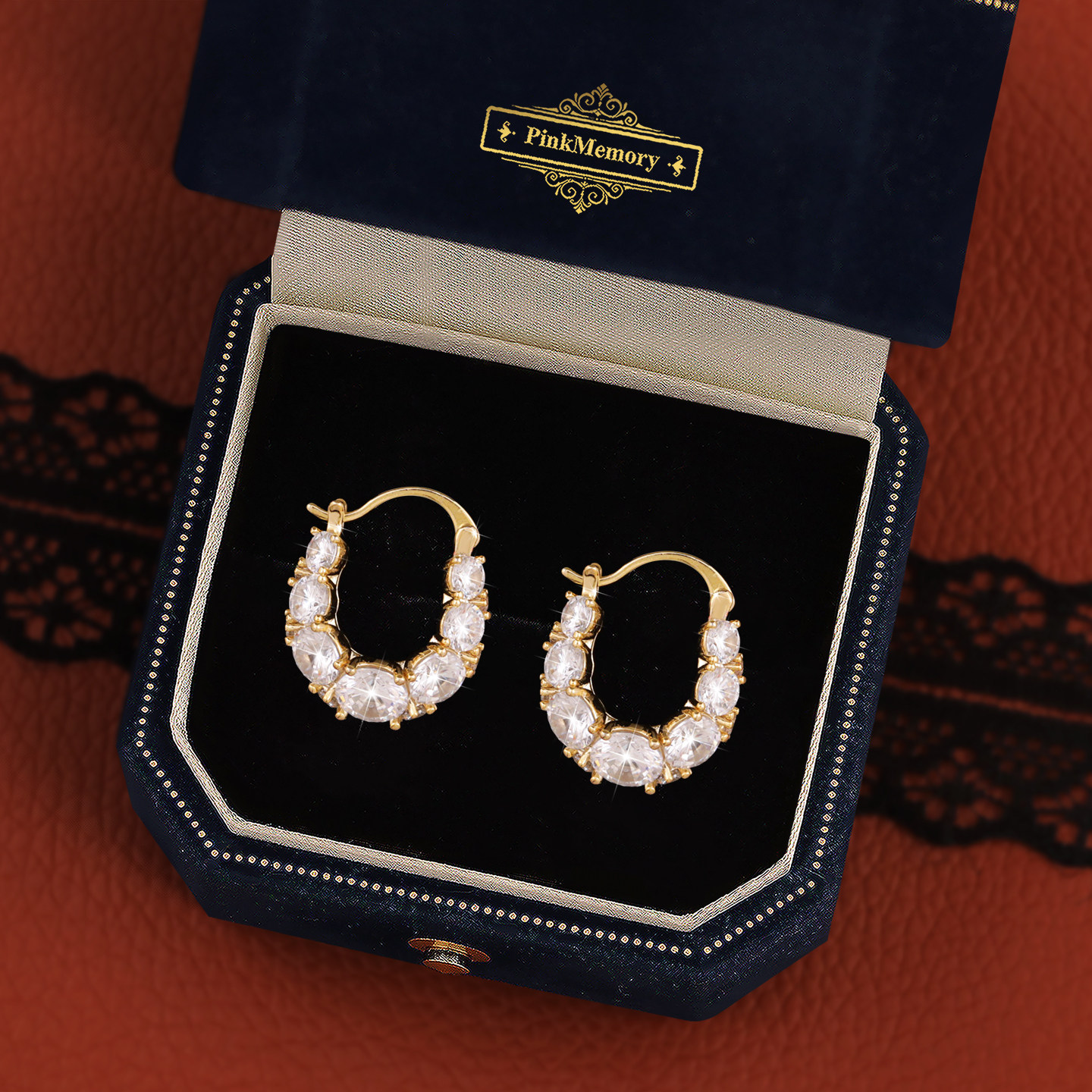 巴黎Pink Memory满钻经典U型闪耀耳钉高级感轻奢女款爆闪领针耳环