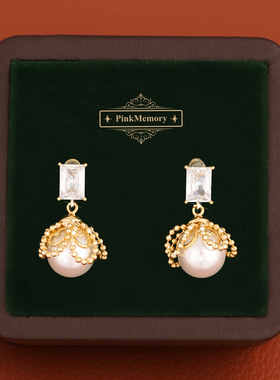 巴黎Pink Memory方钻流苏花苞珍珠耳钉高级感轻奢女爆闪领针耳环