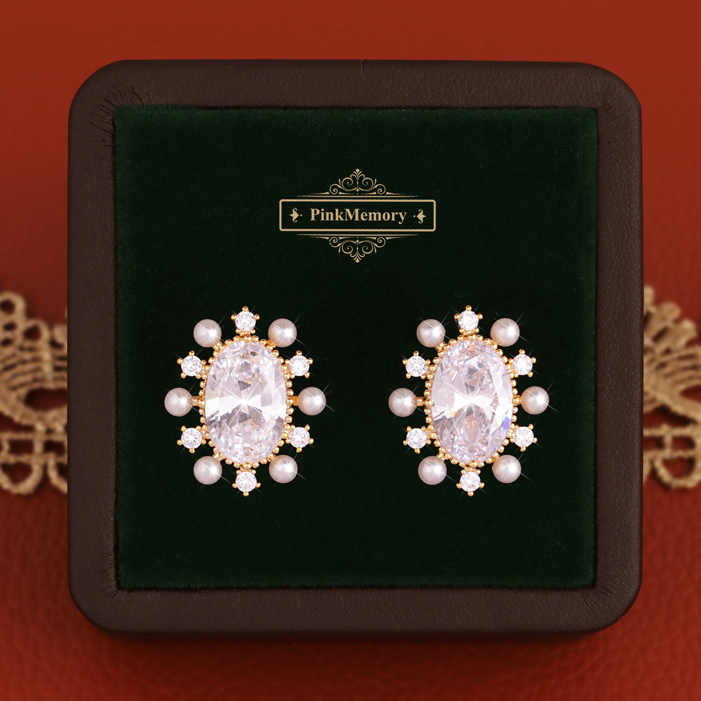 巴黎Pink Memory设计师法式满钻椭圆珍珠耳钉轻奢女古风配饰耳环