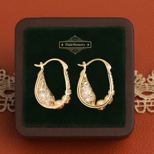 巴黎Pink Memory满钻金丝网U形耳钉高级感轻奢女新款独特领针耳环