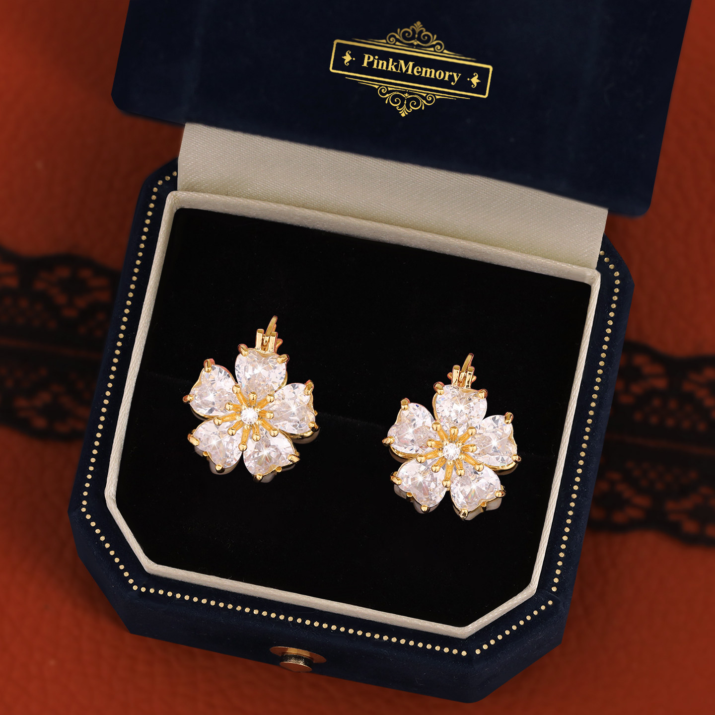 巴黎Pink Memory两戴爱心水晶花朵耳钉高级感轻奢女爆闪领针耳环