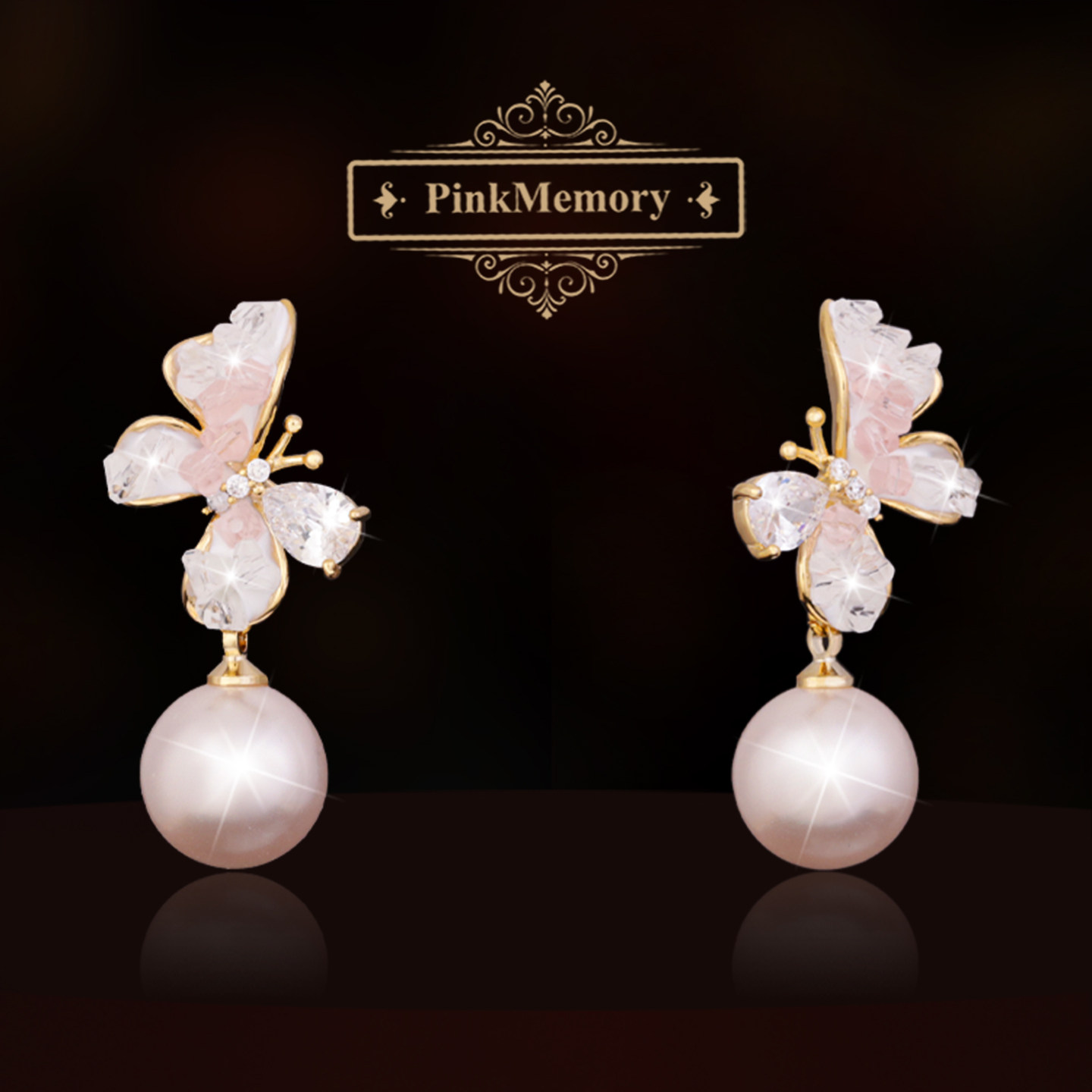 巴黎Pink Memory设计师碎冰蝴蝶水晶珍珠耳钉轻奢女古风配饰耳环