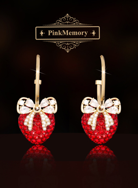 巴黎Pink Memory满钻红色樱桃蝴蝶结耳钉高级感轻奢女款领针耳环