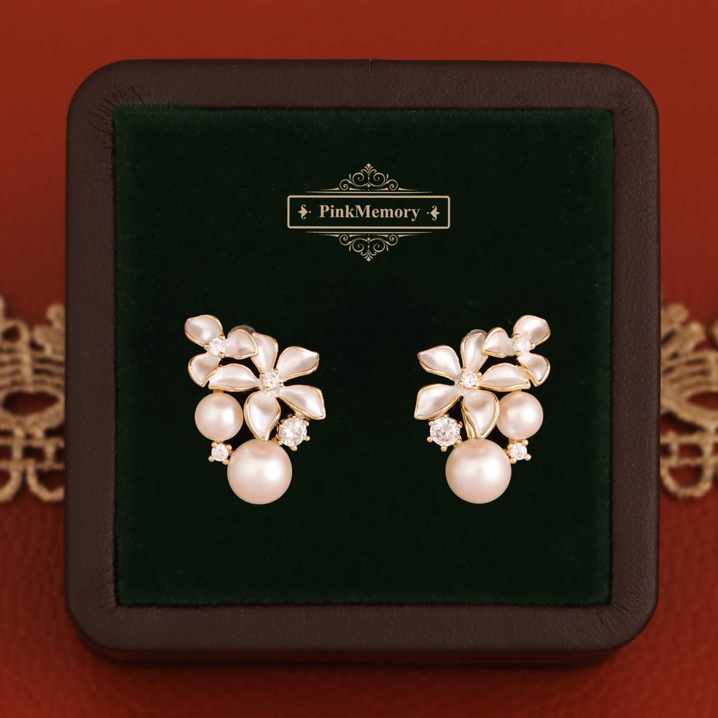 巴黎Pink Memory设计师法式珐琅珍珠花簇耳钉轻奢女古风配饰耳环