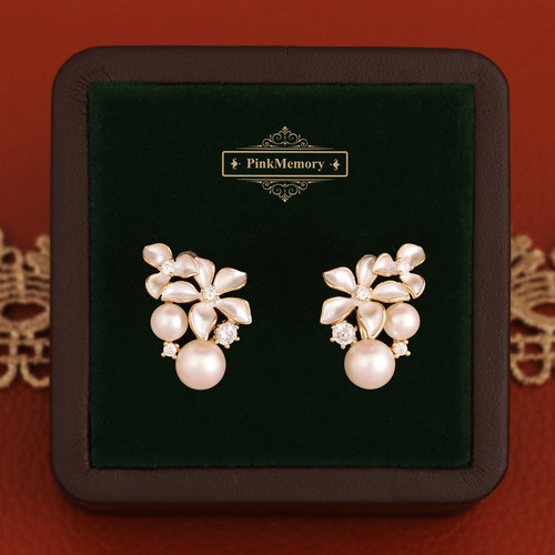 巴黎Pink Memory设计师法式珐琅珍珠花簇耳钉轻奢女古风配饰耳环
