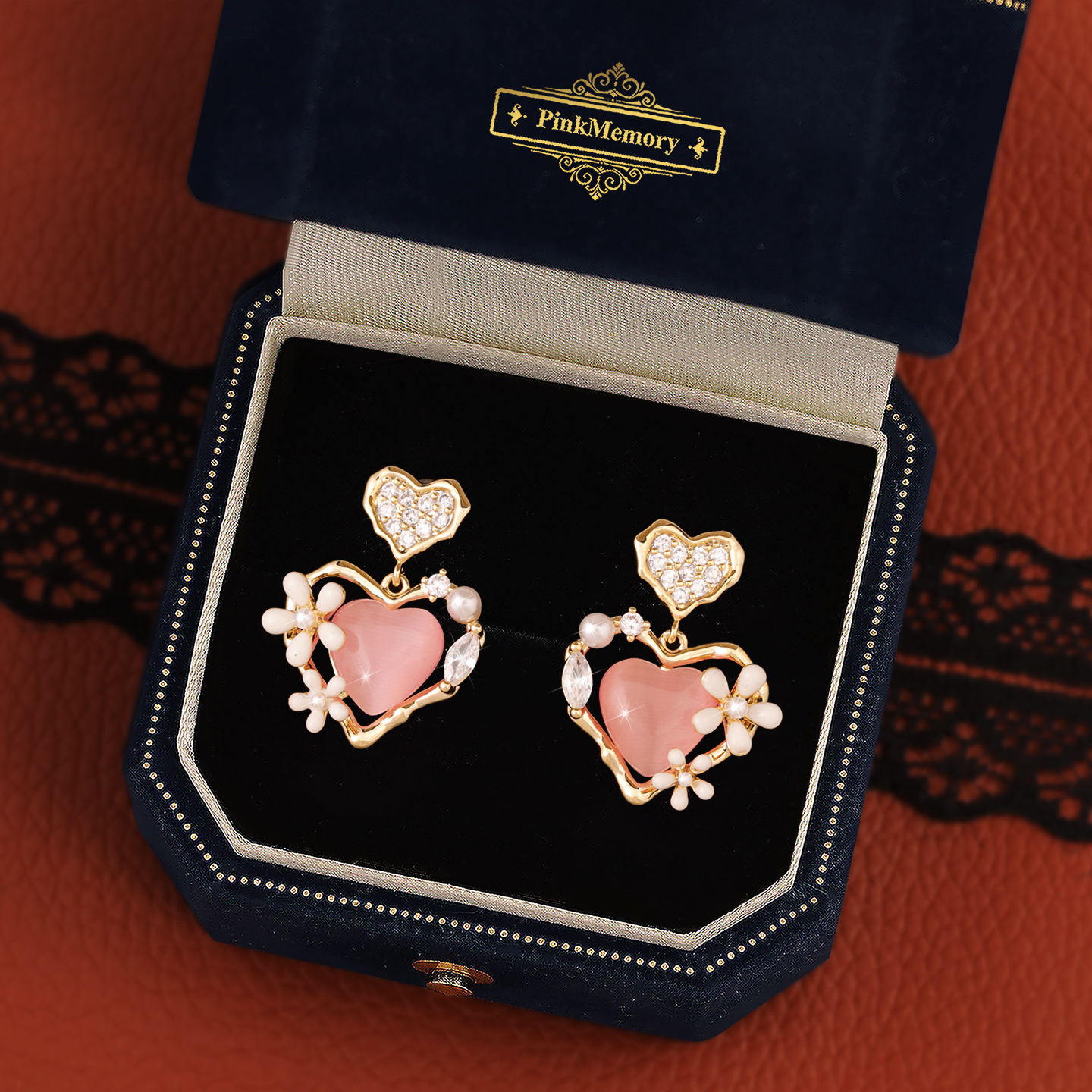 巴黎Pink Memory猫眼石爱心花朵珍珠耳钉高级感轻奢女款领针耳环