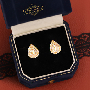 巴黎Pink Memory满钻金色大水滴耳钉高级感轻奢女款爆闪领针耳环