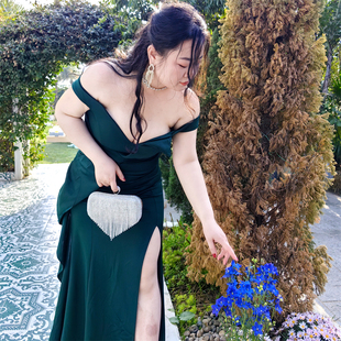 玫瑰欲法式富家千金一字肩别致高端胖mm大码礼服主持人端庄大气绿