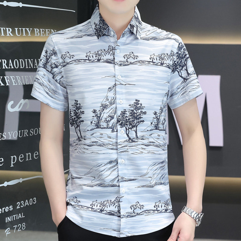 Hl6男士短袖衬衣免烫长袖男衬衫青年潮流纯棉冰丝碎花男土补衫衣