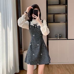 小香风气质甜美假两件连衣裙女秋季小个子高级感法式收腰a字裙子