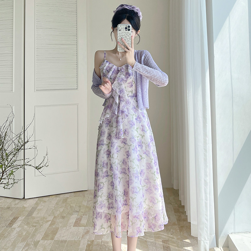 碎花女装时尚针织外搭收腰两件套