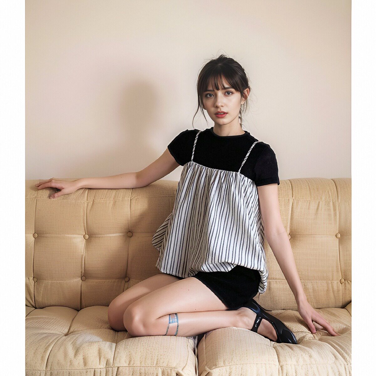 夏季新款条纹吊带背心+短袖白色短袖T恤女两件套装N931A