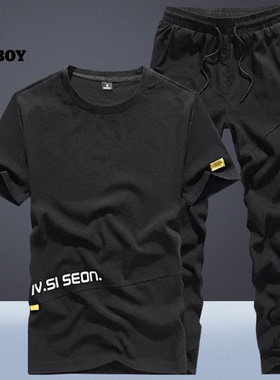 花花公子休闲套装男士短袖t恤搭配运动长裤夏季潮流冰丝两件套男