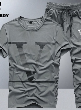 花花公子冰丝短袖套装男夏季宽松t恤长裤男士跑步运动服两件套