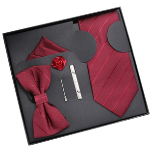 礼服5件套酒红领带结婚新郎男正装领结方巾领带夹黑色腰果大礼盒
