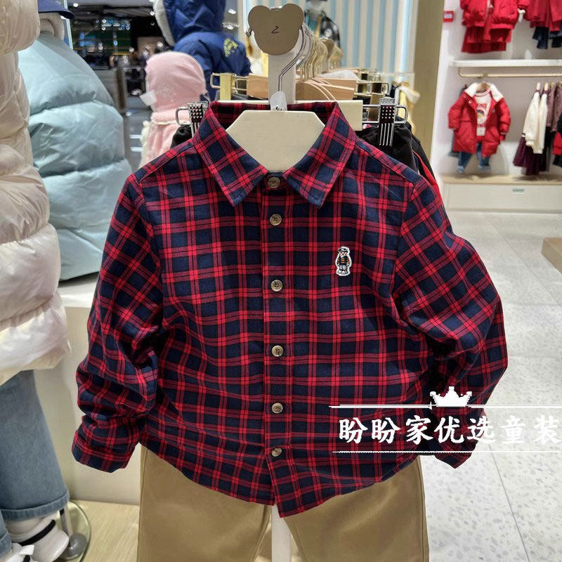小熊童装春秋季新款男童长袖格子衬衫休闲男孩红色衬衣洋气潮童