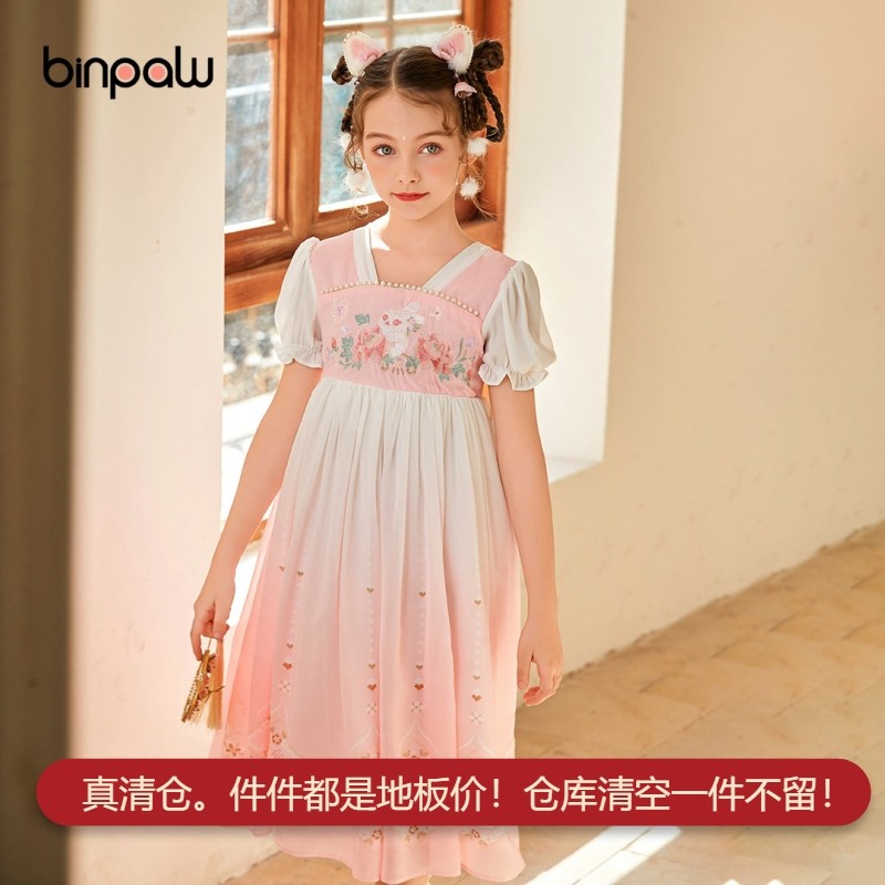 童装女童夏季短袖连衣裙中国风汉服古装多层纱裙高腰修身长裙淑女