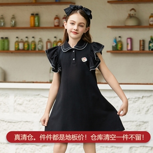 女童夏季连衣裙外穿修身公主裙短袖翻领花边短袖长裙