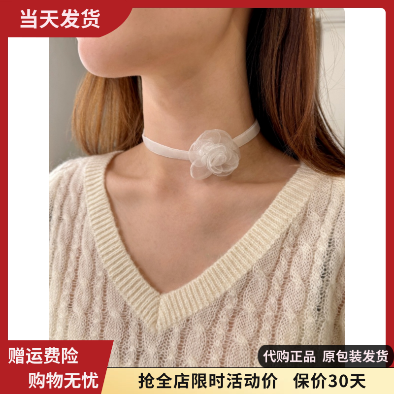 bm项链女新款丝绒choker白色花朵系带锁骨短链百搭brandymelville
